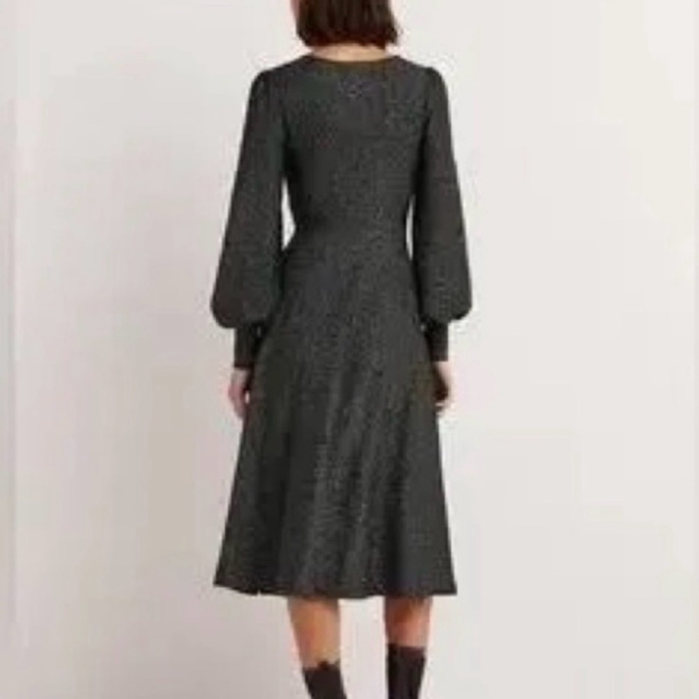 BODEN NWT Black Silver Sparkle Long Sleeve V-Neck Ruched Midi Party Dress Sz 12 - Picture 2 of 16